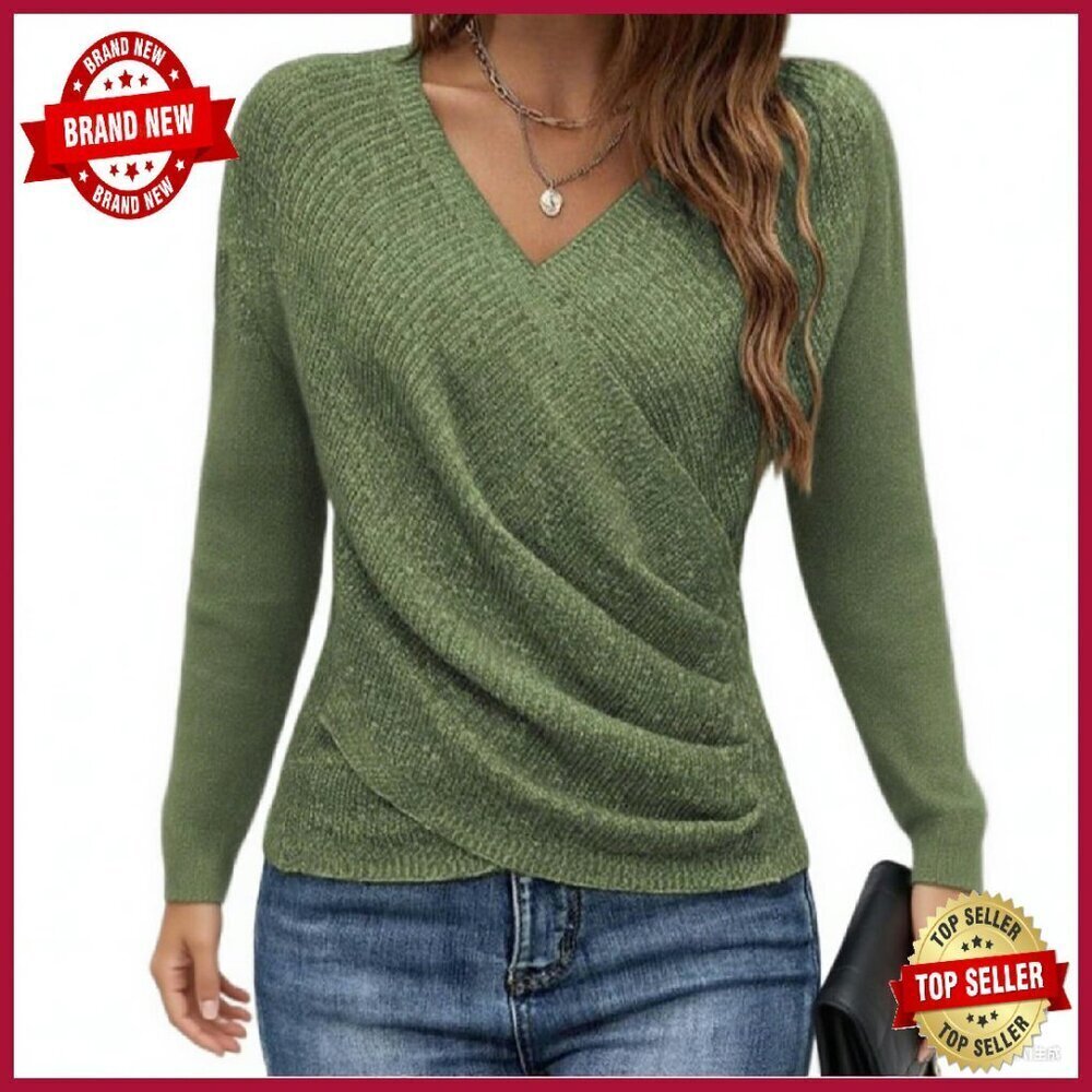 V-Neck Criss Cross Pullover Sweater Long Sleeve Knit Casual Tops